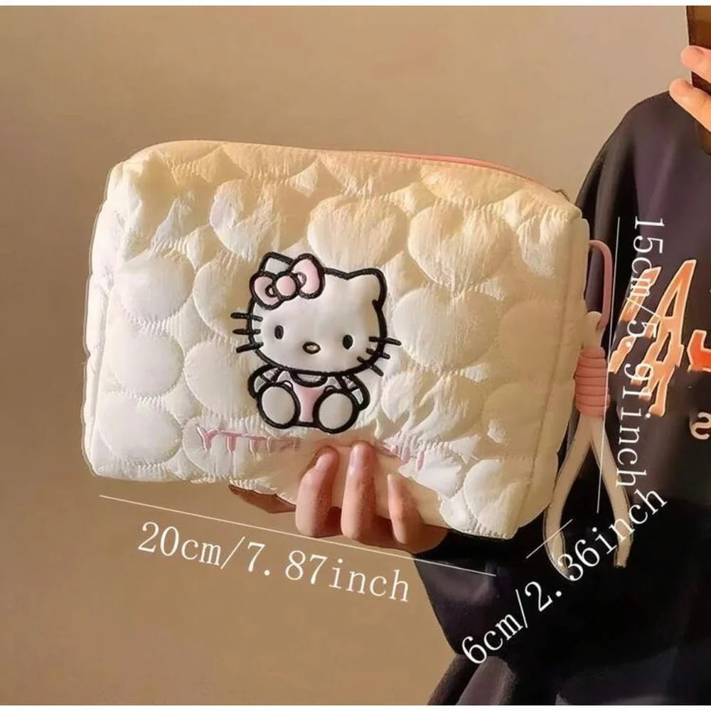 Hello Kitty Quilted Makeup Bag Set 2pc Cream‎ White Heart Pattern Cosmetic Case